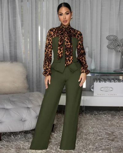 Women Fashion Casual Leopard Stitching Lace-Up Long-Sleeve Wide Leg Jumpsuit
