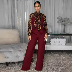 Women Fashion Casual Leopard Stitching Lace-Up Long-Sleeve Wide Leg Jumpsuit