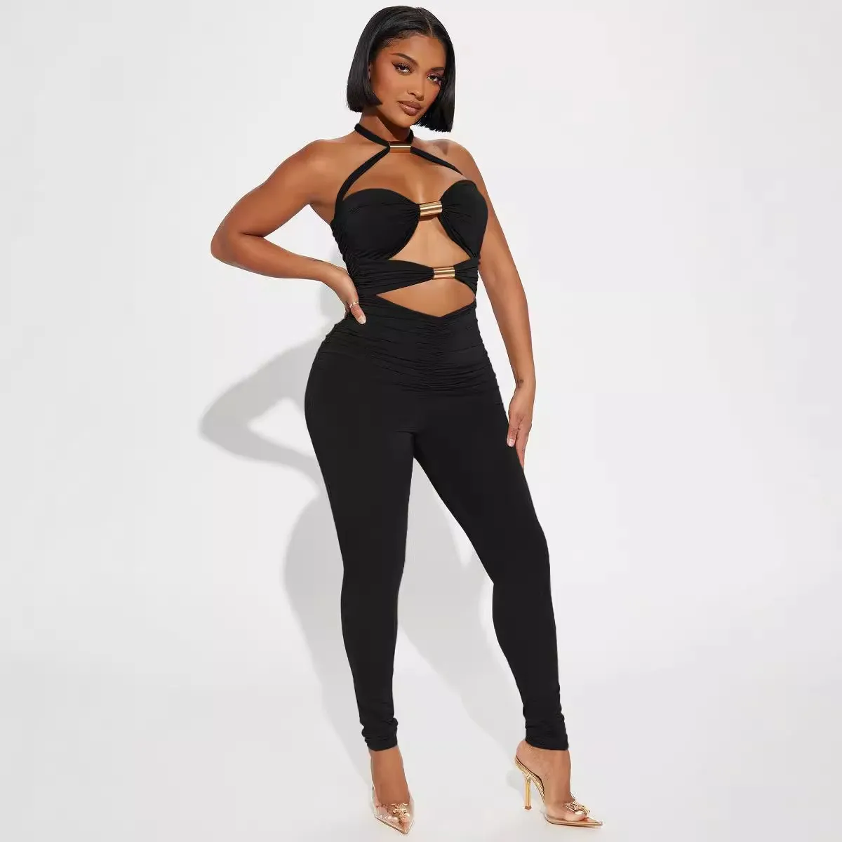 Women Fashion Sexy Solid Color Hollow Metal Tube Stitching Halter-Neck Jumpsuits