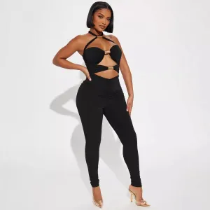 Women Fashion Sexy Solid Color Hollow Metal Tube Stitching Halter-Neck Jumpsuits