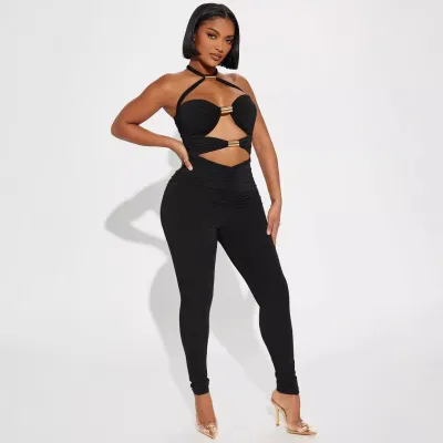 Women Fashion Sexy Solid Color Hollow Metal Tube Stitching Halter-Neck Jumpsuits
