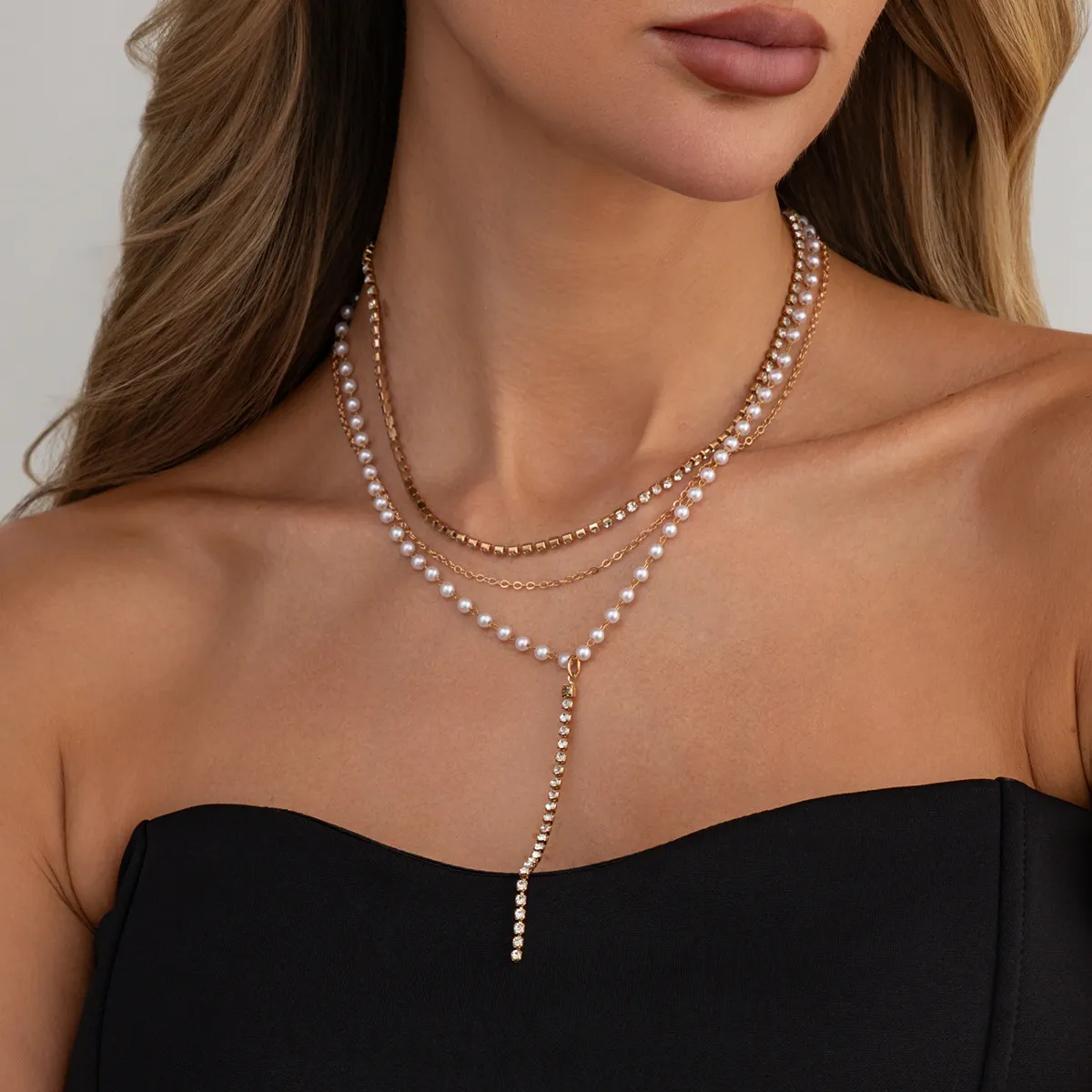 Women Fashion Elegant Imitation Pearl Rhinestone Chain Stacked Multi-Layer Necklace