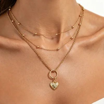 Women Fashion Diamond-Encrusted Love Pendant Metal Ball Chain Multi-Layer Necklace