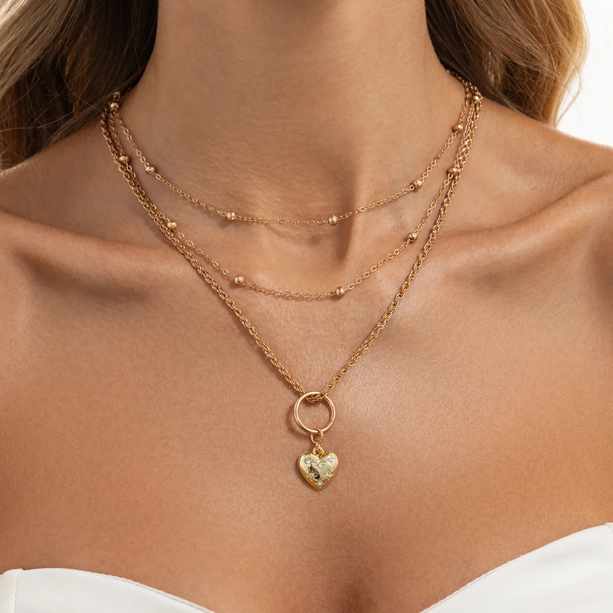 Women Fashion Diamond-Encrusted Love Pendant Metal Ball Chain Multi-Layer Necklace