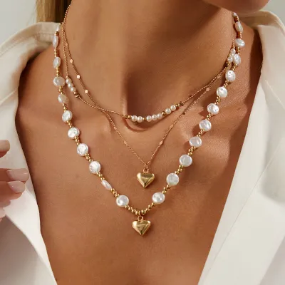 Women Fashion Imitation Pearl Beaded Metal Love Pendant Multi-Layer Necklace