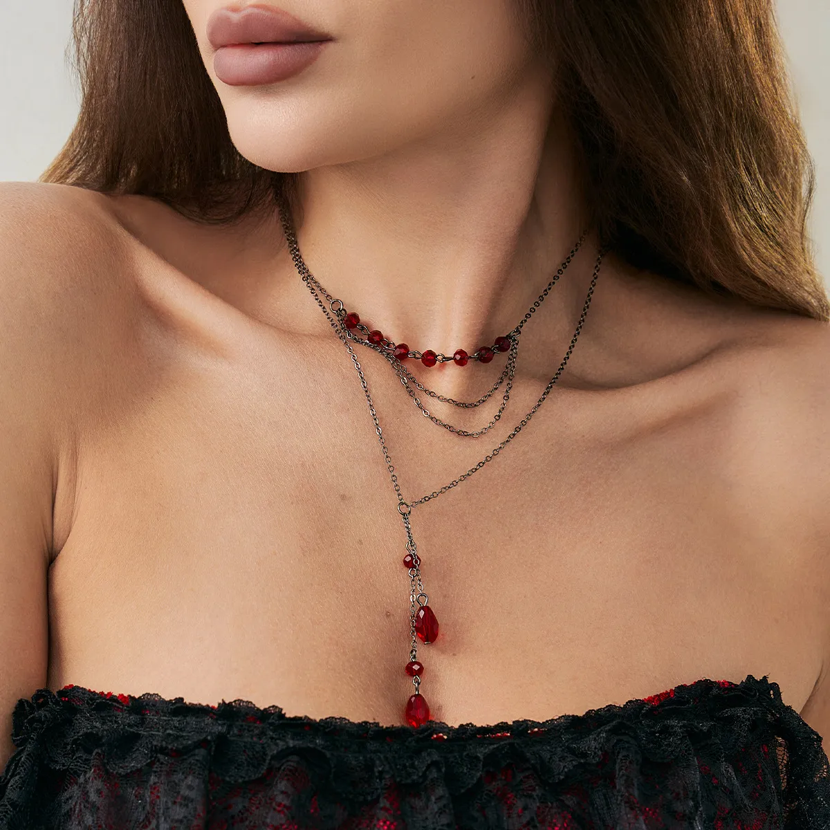Women Fashion Gothic Dark Imitation Crystal Blood Drop Pendant Tassel Chain Necklace