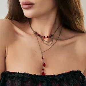 Women Fashion Gothic Dark Imitation Crystal Blood Drop Pendant Tassel Chain Necklace