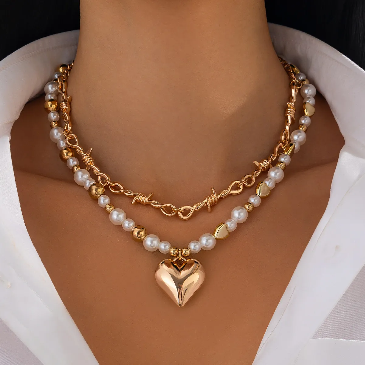 Women Fashion Double Layer Imitation Pearl Love Pendant Stacked Necklace