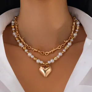 Women Fashion Double Layer Imitation Pearl Love Pendant Stacked Necklace