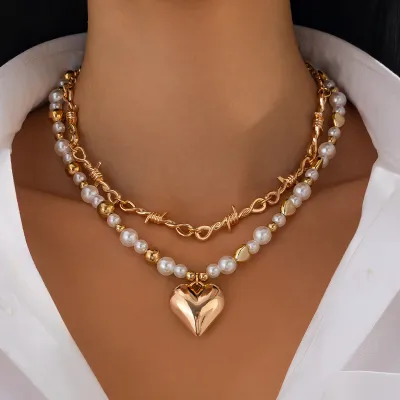 Women Fashion Double Layer Imitation Pearl Love Pendant Stacked Necklace