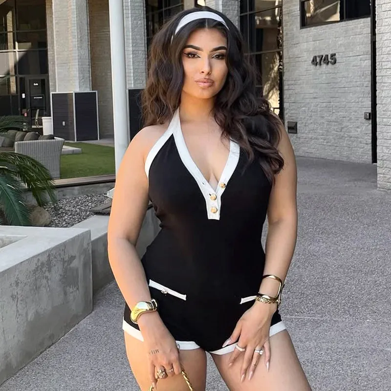 Women Fashion Sexy Contrast Color Halter-Neck Lace-Up Backless Button-Detail Tight Rompers