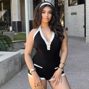 Women Fashion Sexy Contrast Color Halter-Neck Lace-Up Backless Button-Detail Tight Rompers