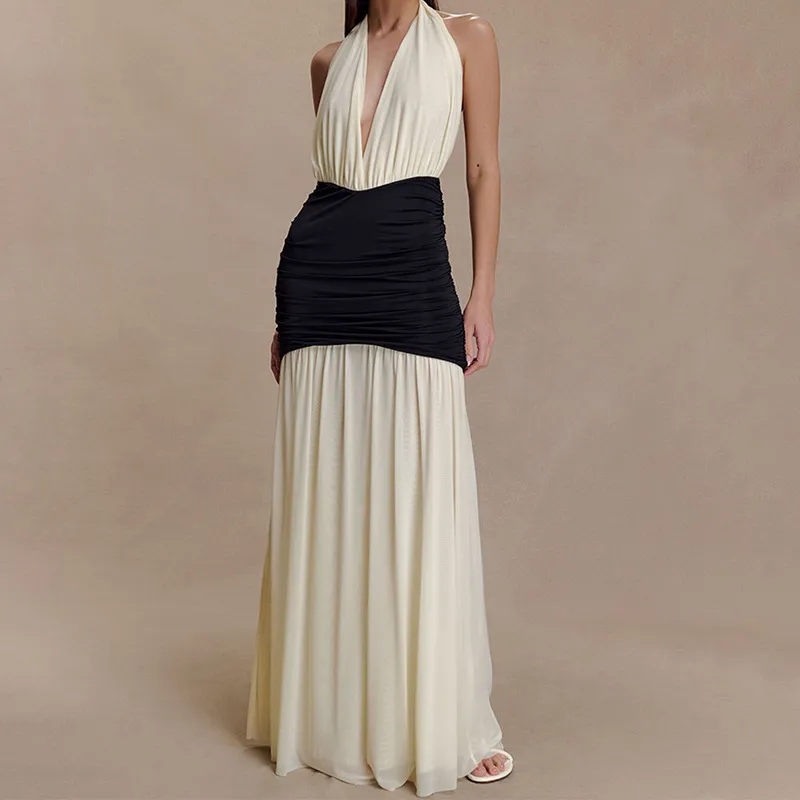 Women Fashion Sexy Black White Contrast Halter-Neck Backless Slim-Fit Dress