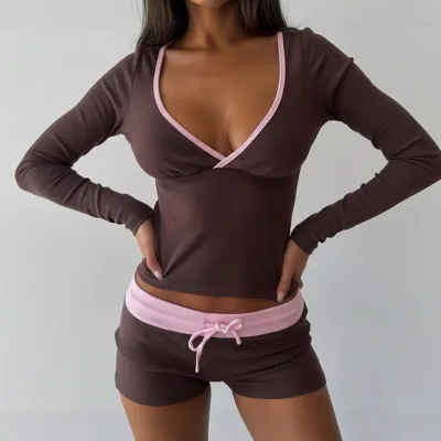 Women Fashion Long Sleeve T-Shirt And Shorts Two-Piece Set