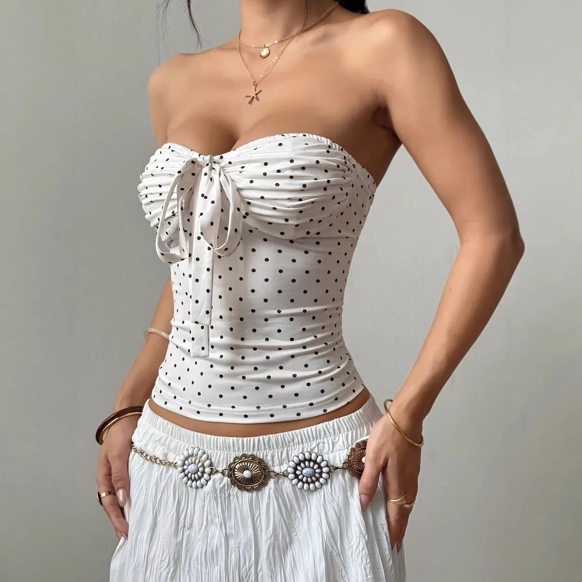 Women Fashion Polo Dot Print Strap Strapless Tanks Top