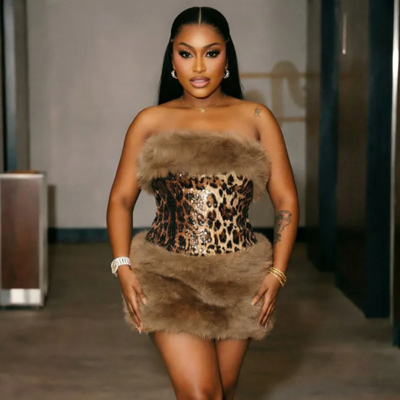 Autumn And Winter Women Sexy Leopard Sequins Faux Fur Strapless Mini Dress