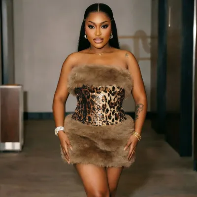 Autumn And Winter Women Sexy Leopard Sequins Faux Fur Strapless Mini Dress