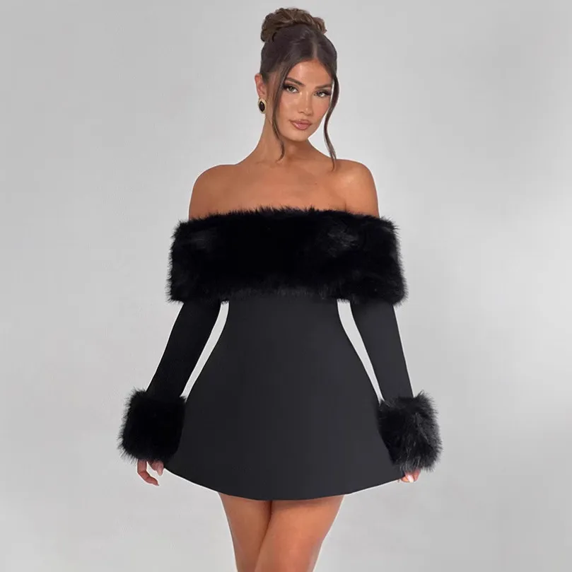 Autumn And Winter Women Fashion Sexy Off-Shoulder Long Sleeve Faux Fur A- Line Dress