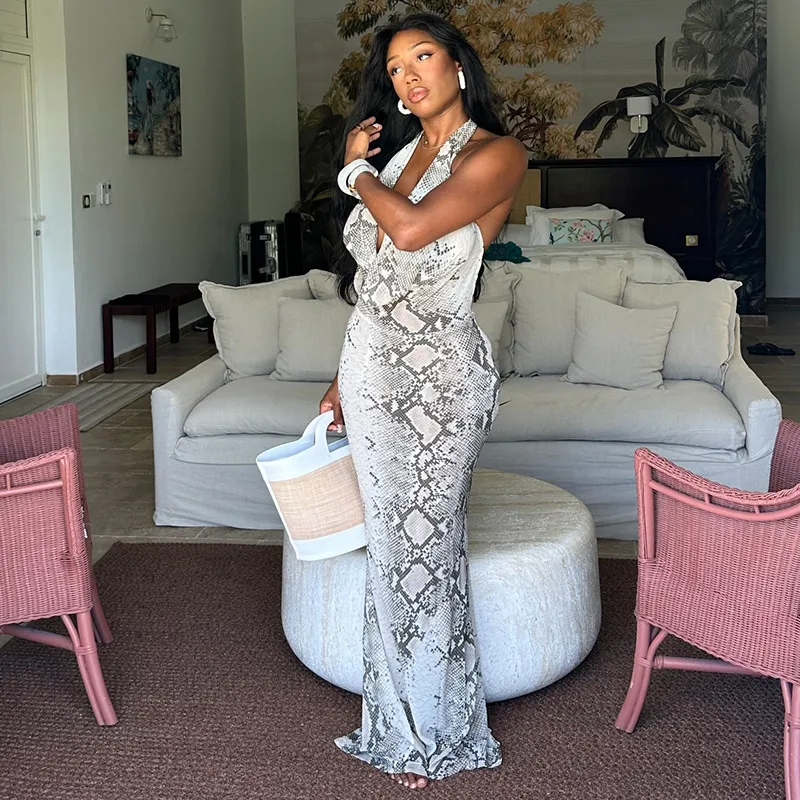 Women Fashion Sexy Grey And White Printed Halter-Neck Backless Dress