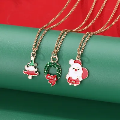 Christmas Women Fashion Creative Drops Of Oil Christmas Tree Necklace Three-Piece Set
