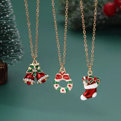 Christmas Women Fashion Creative Drops Of Oil Christmas Tree Necklace Three-Piece Set