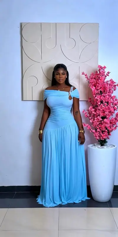 Women Fashion Sexy Solid Color Shoulder Pleated Mesh Slit A-Line Dress