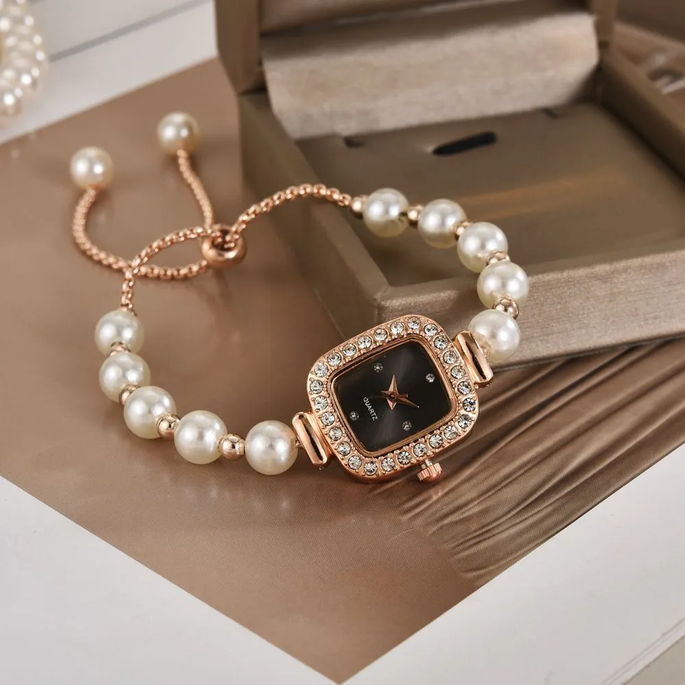 Women Fashion Elegant Pearl Thin Band Zircon Square Adjusting Bracelet Quartz Watch