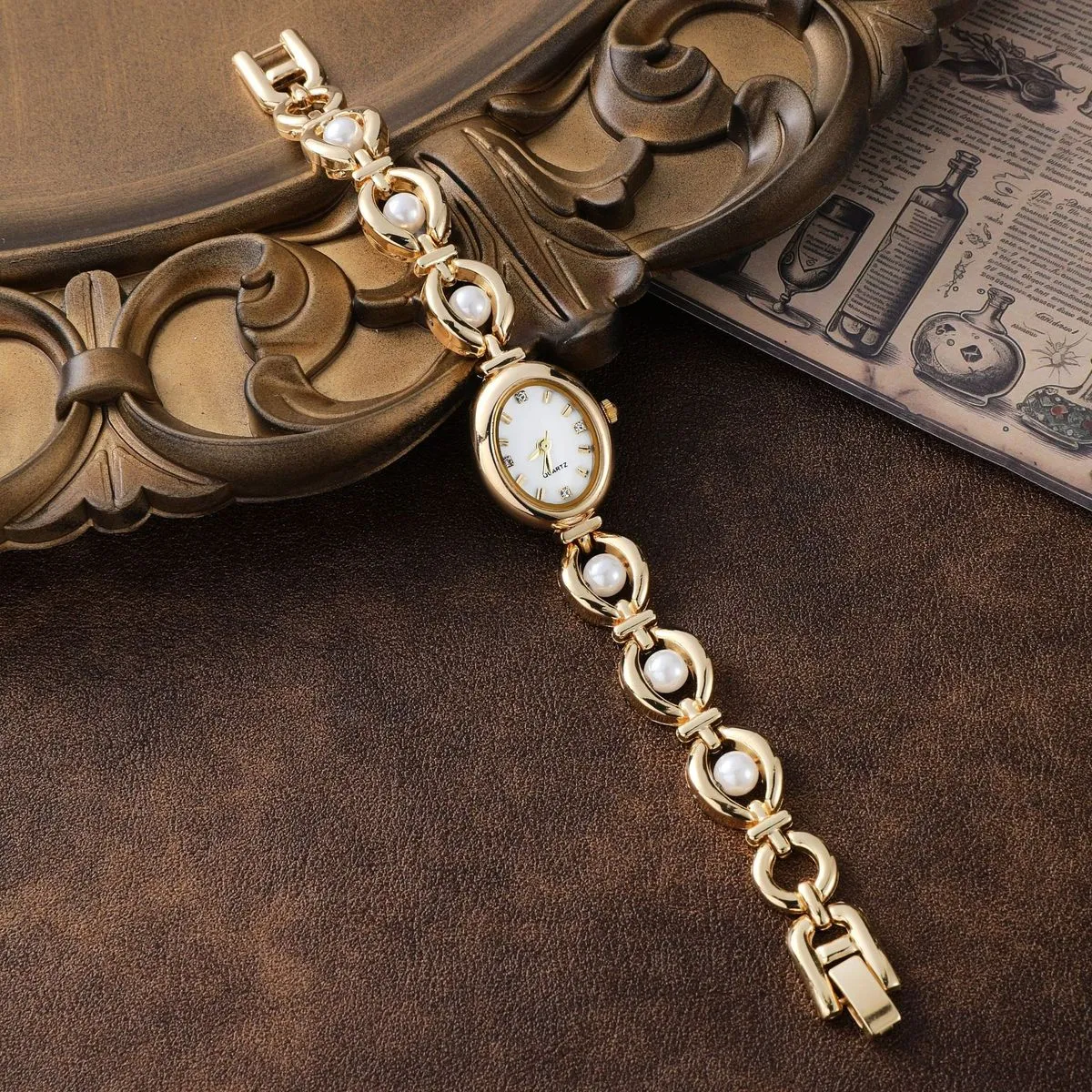Women Fashion Retro Imitation Pearl Oval Bracelet Quartz Watch