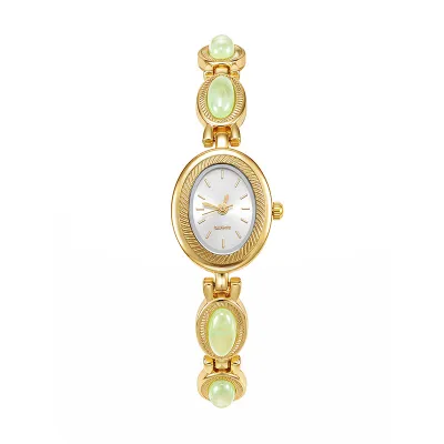 Women Fashion Retro Oval Imitation Jade Bracelet Quartz Watch