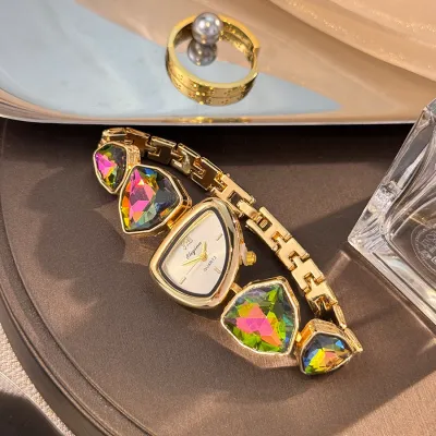 Women Fashion Irregular Color Design Rhinestone Bracelet Watch