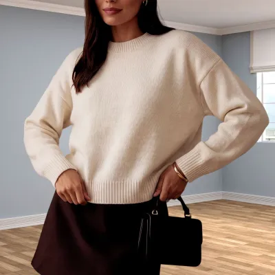 Women Fashion Casual Autumn And Winter Solid Color Round Neck Long Sleeve Loose Knitted Sweater
