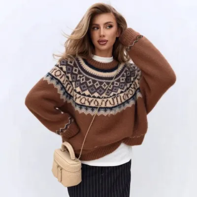 Women Fashion Casual Autumn Winter Fairisland Jacquard Pattern Long-Sleeve Loose Knitted Sweater