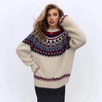 Women Fashion Casual Autumn Winter Fairisland Jacquard Pattern Long-Sleeve Loose Knitted Sweater