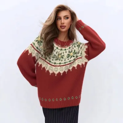 Women Fashion Casual Autumn Winter Fairisland Jacquard Pattern Long-Sleeve Loose Knitted Sweater