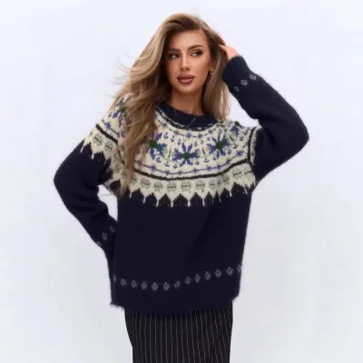 Women Fashion Casual Autumn Winter Fairisland Jacquard Pattern Long-Sleeve Loose Knitted Sweater