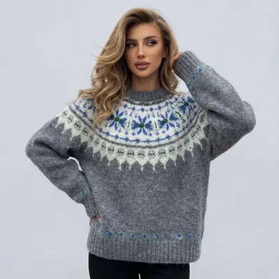 Women Fashion Casual Autumn Winter Fairisland Jacquard Pattern Long-Sleeve Loose Knitted Sweater