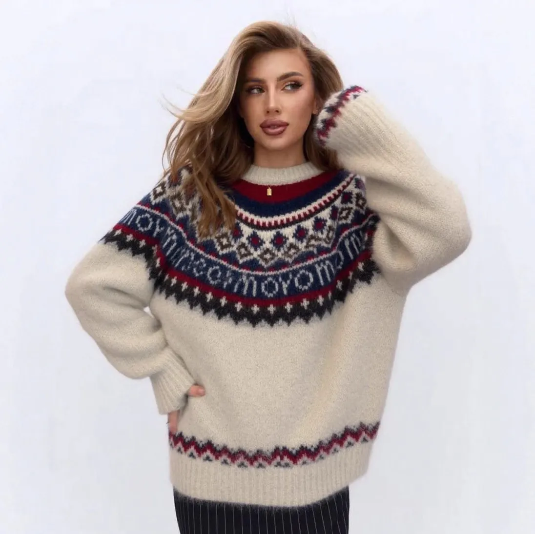Women Fashion Casual Autumn Winter Fairisland Jacquard Pattern Long-Sleeve Loose Knitted Sweater
