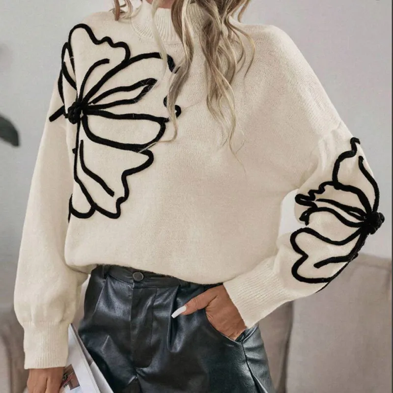 Women Fashion Autumn And Winter Solid Color Embroidered Stereo Flower Turtleneck Long Sleeve Knitted Sweater