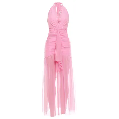 Women Fashion Sexy Elegant Solid Color Mesh Low-Cut V-Neck Pleated Stitching Dress