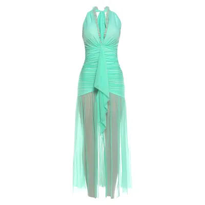 Women Fashion Sexy Elegant Solid Color Mesh Low-Cut V-Neck Pleated Stitching Dress