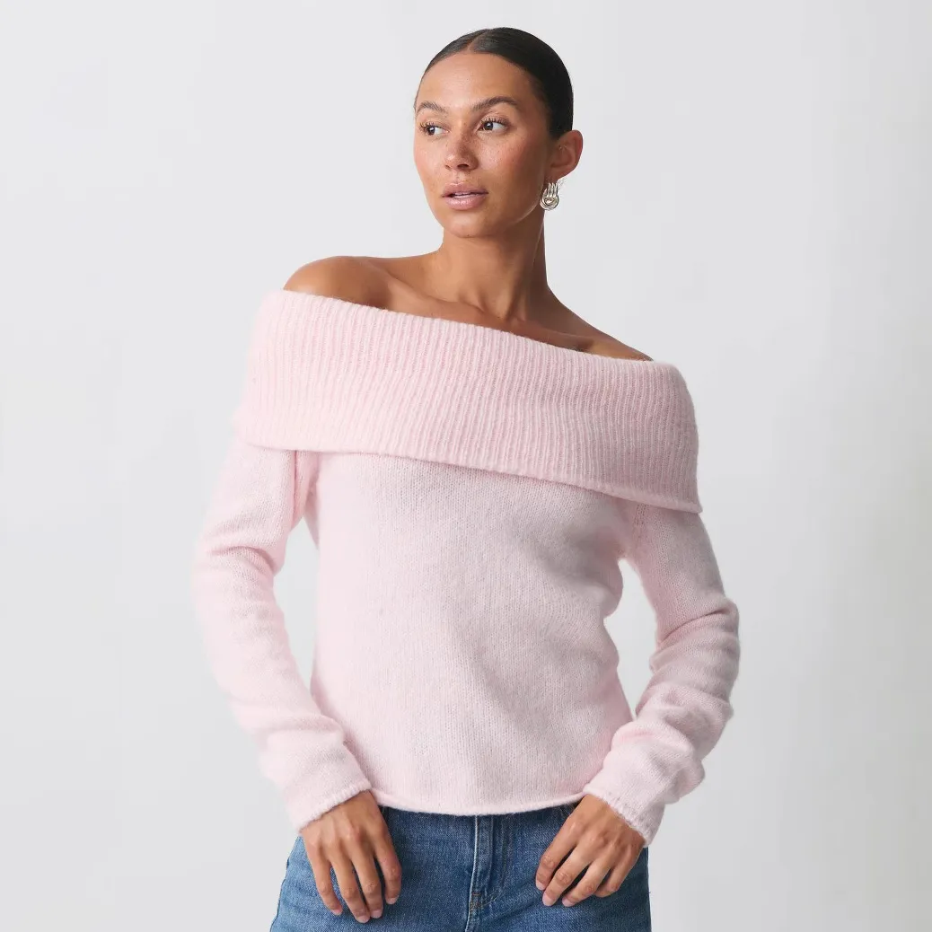 Women Fashion Autumn And Winter Solid Color Off-Shoulder Long-Sleeve Knitted Sweater