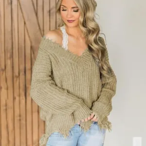 Women Fashion Casual Autumn Solid Color Thickened Irregular Tassel Long-Sleeve Knitted Sweater