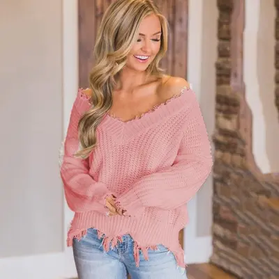Women Fashion Casual Autumn Solid Color Thickened Irregular Tassel Long-Sleeve Knitted Sweater