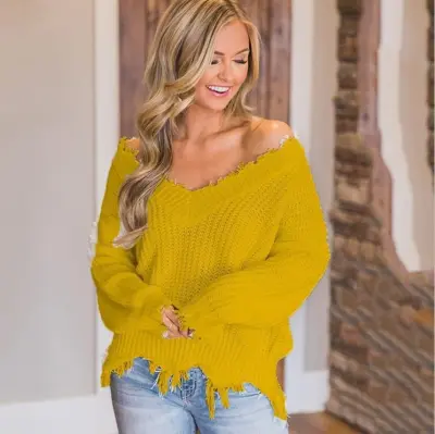 Women Fashion Casual Autumn Solid Color Thickened Irregular Tassel Long-Sleeve Knitted Sweater