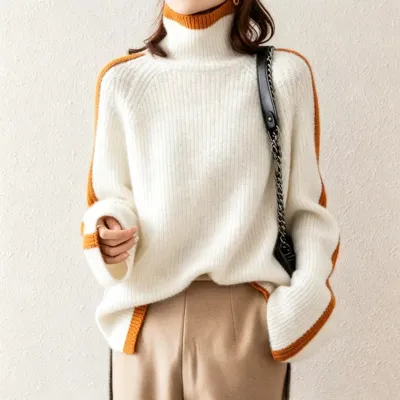 Women'S Fashion Casual Retro Autumn And Winter Thickened Turtleneck Long-Sleeve Loose Knitted Sweater