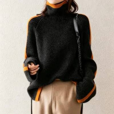 Women'S Fashion Casual Retro Autumn And Winter Thickened Turtleneck Long-Sleeve Loose Knitted Sweater