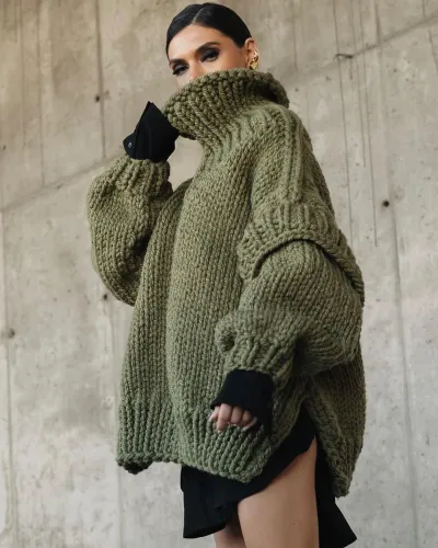 Women Fashion Casual Autumn Winter Solid Color Long Sleeve Turtleneck Knitted Sweater