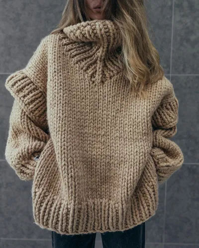 Women Fashion Casual Autumn Winter Solid Color Long Sleeve Turtleneck Knitted Sweater