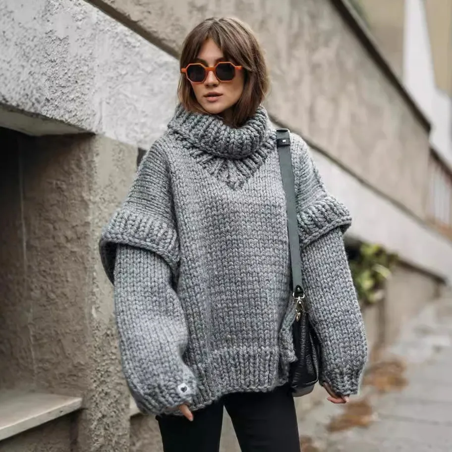 Women Fashion Casual Autumn Winter Solid Color Long Sleeve Turtleneck Knitted Sweater