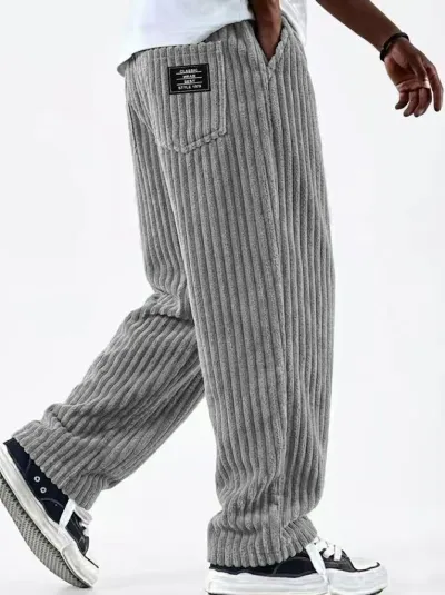 Men'S Fashion Casual Retro Autumn Winter Solid Color Vertical Stripe Corduroy Loose Straight Pants